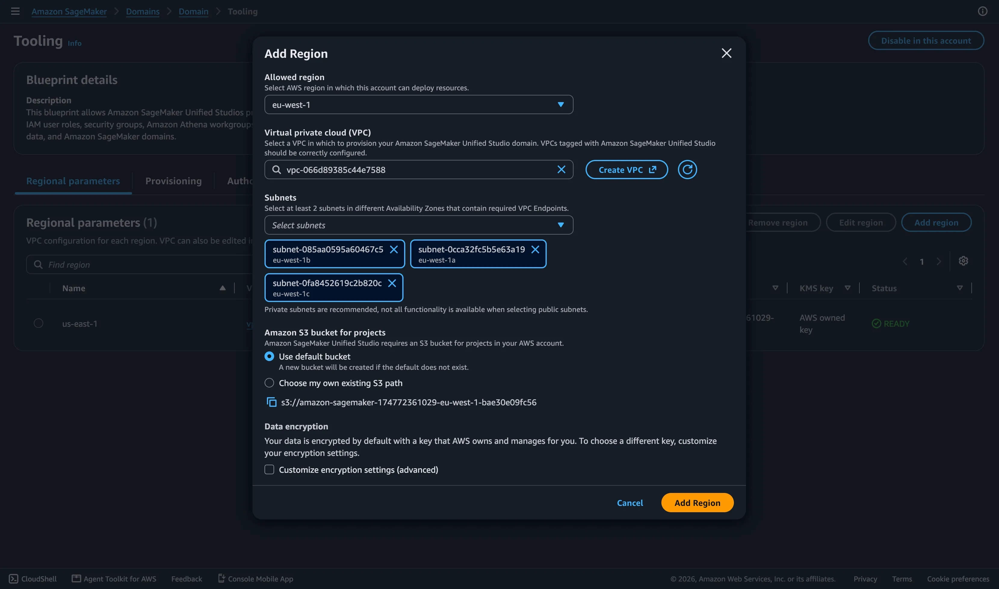 Enable target region in Tooling blueprint
