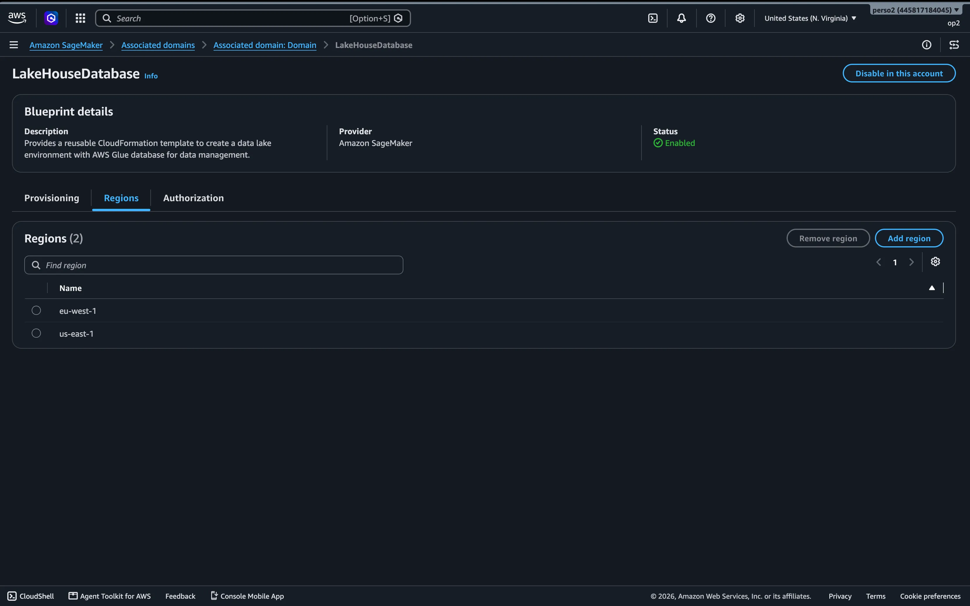 Enable Lakehouse Database blueprint in associated account
