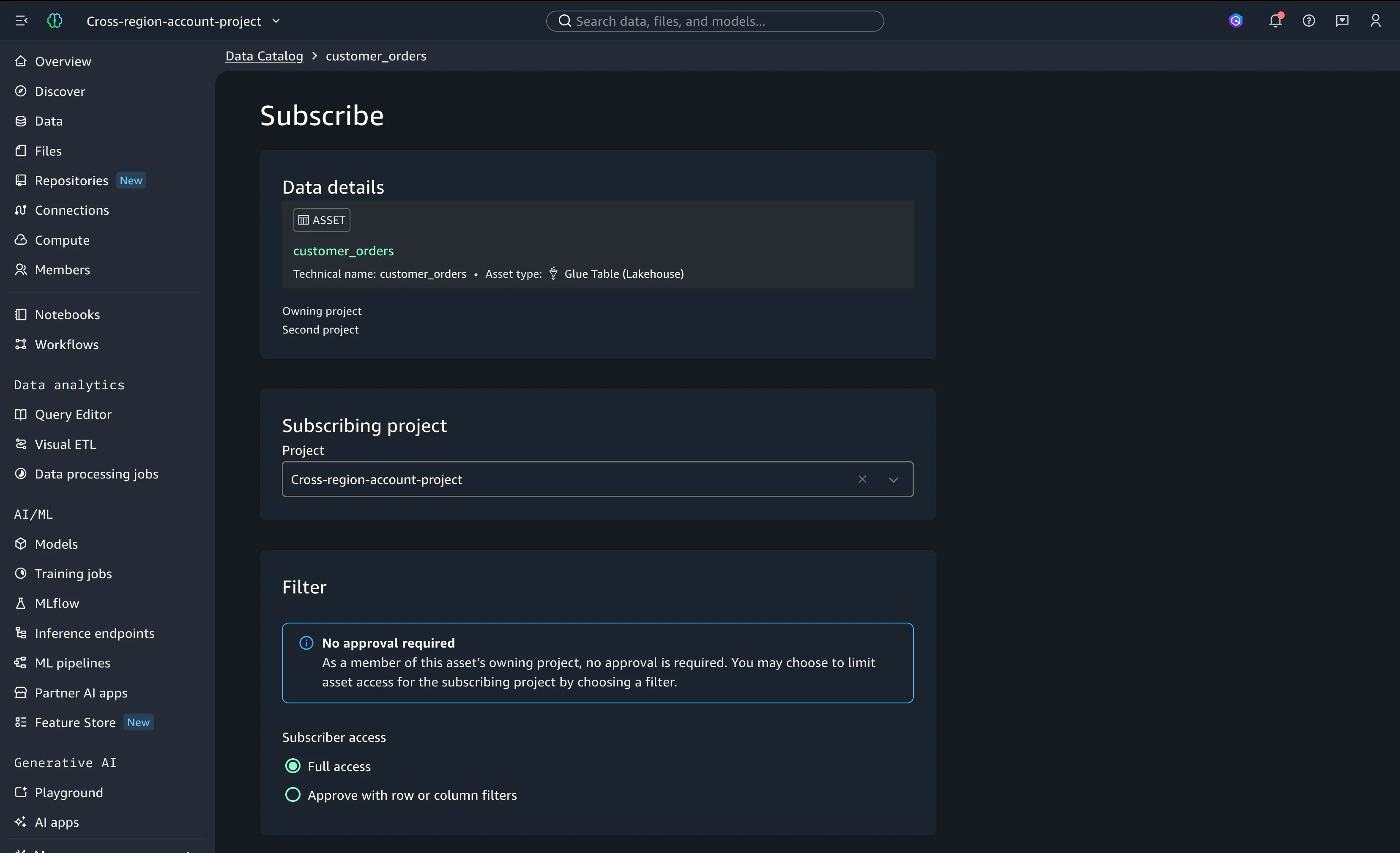 Cross-region subscription request